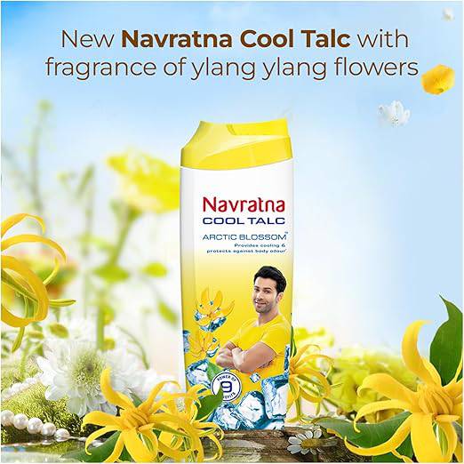 Navratna Cool Arctic Blossom Talc | Instant Sweat Absorption and Cooling Relief |Body Odour Protection | Long Lasting Freshness and Fragrance, Thanda Thanda Cool Cool Talcum powder, 100GM - ANJANI MEDICAL
