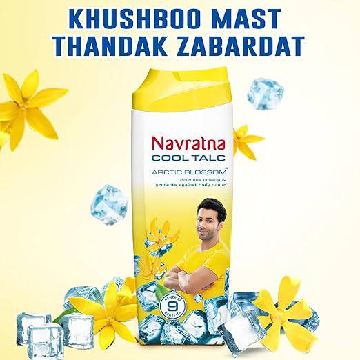Navratna Cool Arctic Blossom Talc | Instant Sweat Absorption and Cooling Relief |Body Odour Protection | Long Lasting Freshness and Fragrance, Thanda Thanda Cool Cool Talcum powder, 100GM - ANJANI MEDICAL