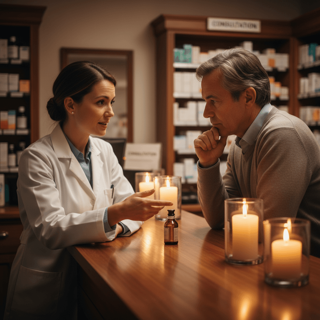 Pharmacist providing health guidance to customer