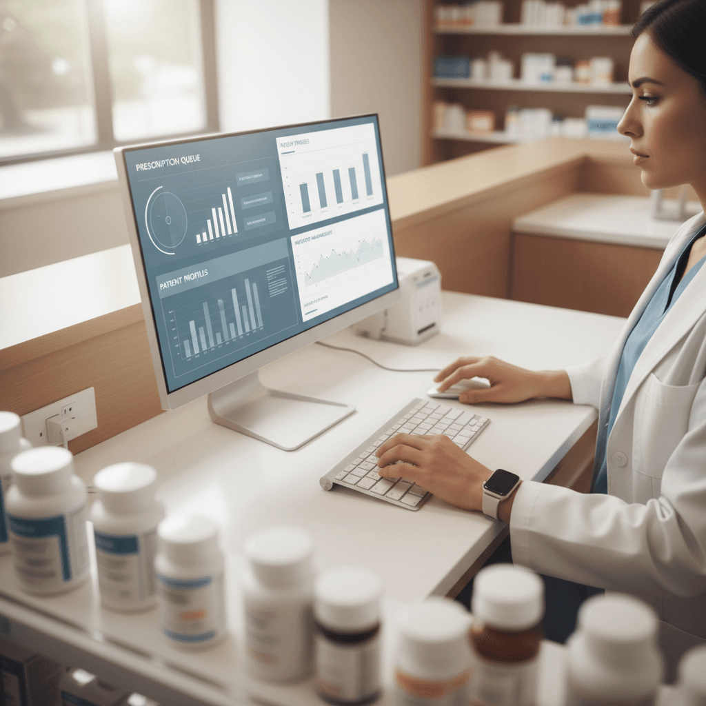 Pharmacy team checking medicine inventory system