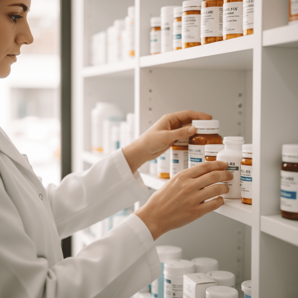 Pharmacist carefully organizing medicine bottles with attention to detail