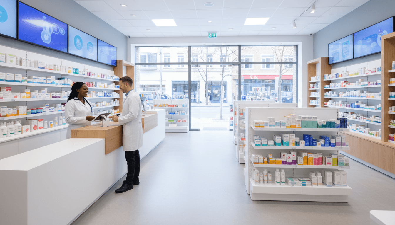 Professional pharmacist in Anjani Medical store reviewing prescriptions with organized medicines in background