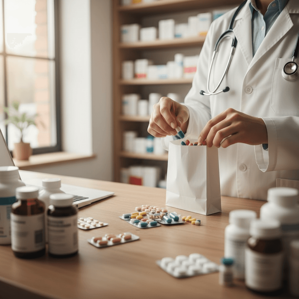 Prescription medicines being carefully organized