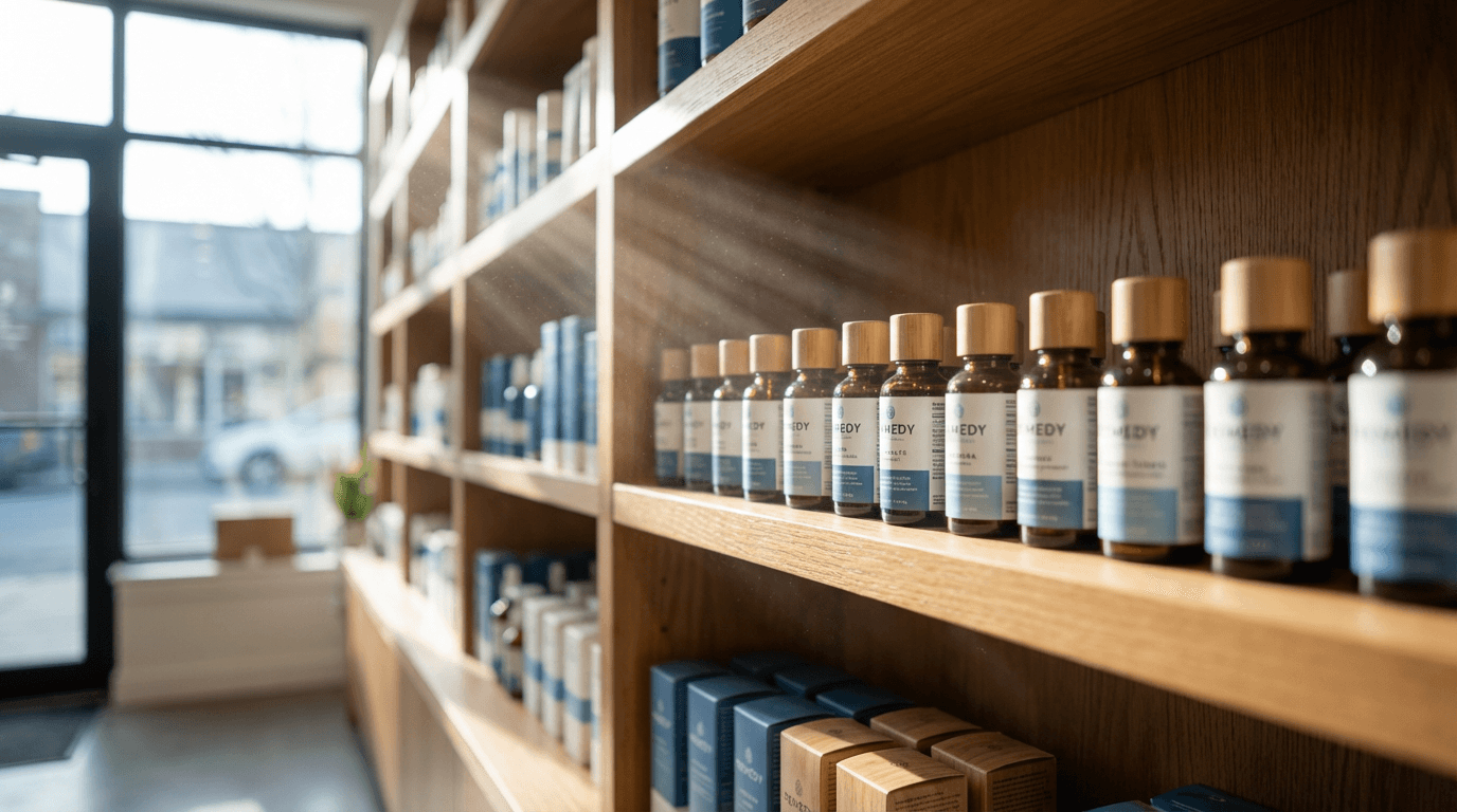 OTC healthcare products on pharmacy shelf