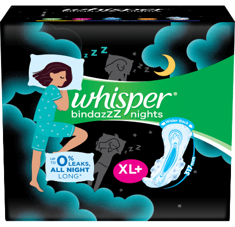 WHISPER BINDAZZZ NIGHTS SANITARY PADS, 30 XL+ PADS, UPTO 0% LEAKS ALL NIGHT LONG, FOR HEAVY FLOW, 40% LONGER & WIDER BACK, COMFORTABLE CUSHIONY SOFT WINGS, DISPOSABLE WRAPPER - ANJANI MEDICAL