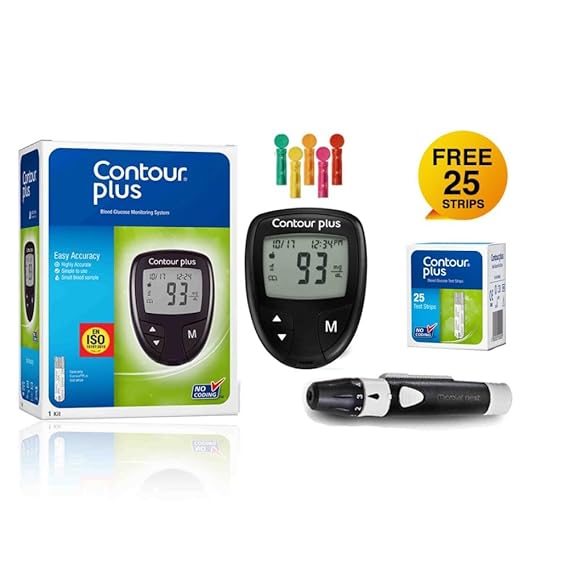 CONTOUR PLUS BLOOD GLUCOSE MONITOR, Glucometer with 25 free test strips| Accurate Diabetes testing kit - ANJANI MEDICAL