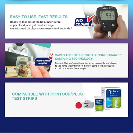 CONTOUR PLUS BLOOD GLUCOSE MONITOR, Glucometer with 25 free test strips| Accurate Diabetes testing kit - ANJANI MEDICAL