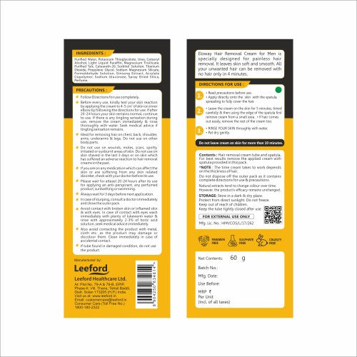 ELOWAY HAIR REMOVAL CREAM FOR MEN SUITABLE FOR CHEST LEGS UNDERARMS & ARMS 60G - ANJANI MEDICAL