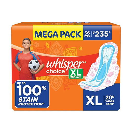 WHISPER CHOICE SANITARY PADS, 36 XL PADS, UPTO 100% STAIN PROTECTION ALL DAY, LONGER LENGTH FOR BETTER COVERAGE, 20% WIDER BACK, DRY TOP SHEET, WITH WINGS - ANJANI MEDICAL