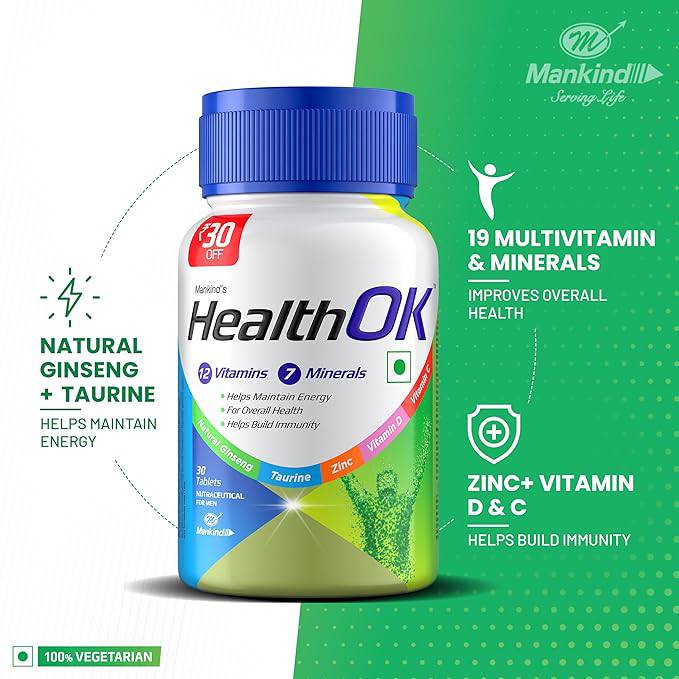 Health OK Multivitamin with Natural Ginseng, Taurine power, Daily Energy, alertness, Vitamin D, C & other 18 multivitamins minerals, for Overall Health, 30 Tablets (Veg) x Pack of 2 - ANJANI MEDICAL