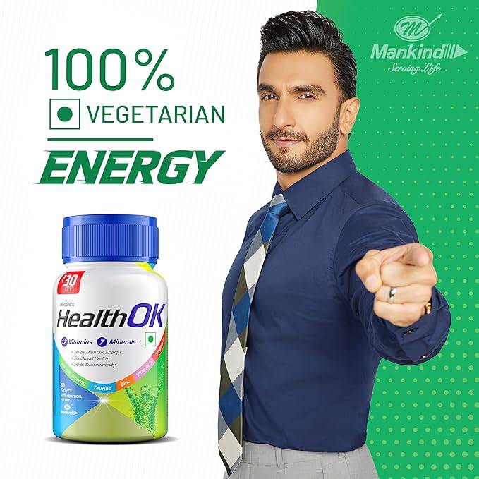 Health OK Multivitamin with Natural Ginseng, Taurine power, Daily Energy, alertness, Vitamin D, C & other 18 multivitamins minerals, for Overall Health, 30 Tablets (Veg) x Pack of 2 - ANJANI MEDICAL