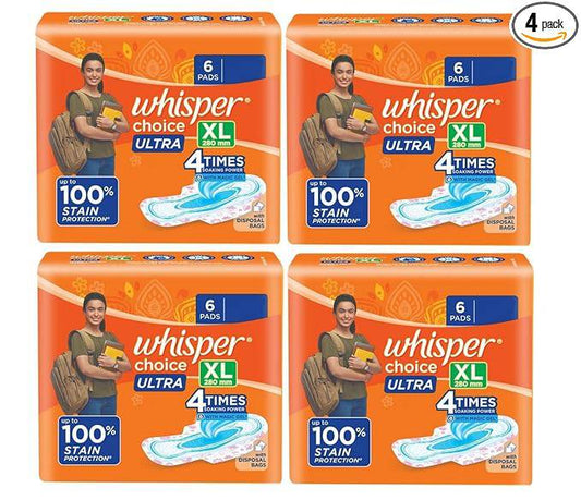 Whisper Choice Ultra Sanitary Pads,6x4 Xl Pads,Upto 100% Stain Protection All Day,Thin Pads With Magic Gel That Locks Liquid,Super Fast Absorption,Longer Length For Better Coverage,Disposable - ANJANI MEDICAL
