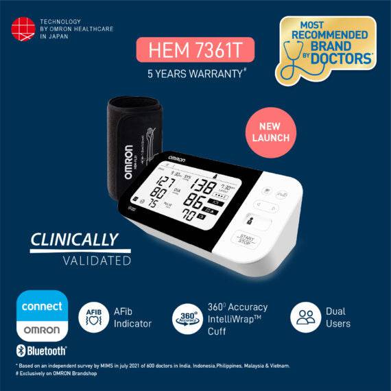 Omron HEM 7361T with bluetooth®, AFIB Indicator, IntelliWrap™ Cuff & Dual User Feature - ANJANI MEDICAL