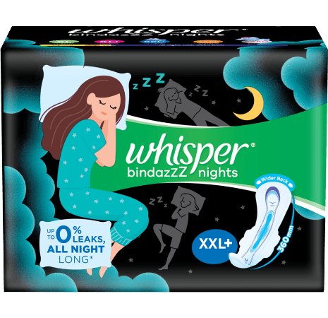 WHISPER BINDAZZZ NIGHTS SANITARY PADS, 16 XXL+ PADS, UPTO 0% LEAKS ALL NIGHT LONG, FOR HEAVY FLOW, 60% LONGER & WIDER BACK, COMFORTABLE CUSHIONY SOFT WINGS, DISPOSABLE WRAPPER - ANJANI MEDICAL