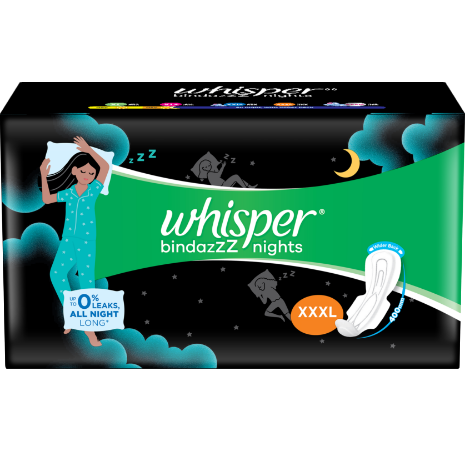 WHISPER BINDAZZZ NIGHTS SANITARY PADS, 20 XXXL PADS, UPTO 0% LEAKS ALL NIGHT LONG, FOR HEAVY FLOW, 75% LONGER & WIDER BACK, COMFORTABLE CUSHIONY SOFT WINGS, DISPOSABLE WRAPPER - ANJANI MEDICAL