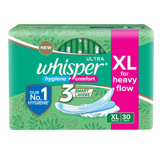 Whisper Ultra Hygiene+Comfort Sanitary Pads, 30 XL Pads, XL for Heavy Flow, Ultimate Protection & Comfort, Locks Odour & wetness, Cotton like soft top layer, Disposable Wrapper - ANJANI MEDICAL