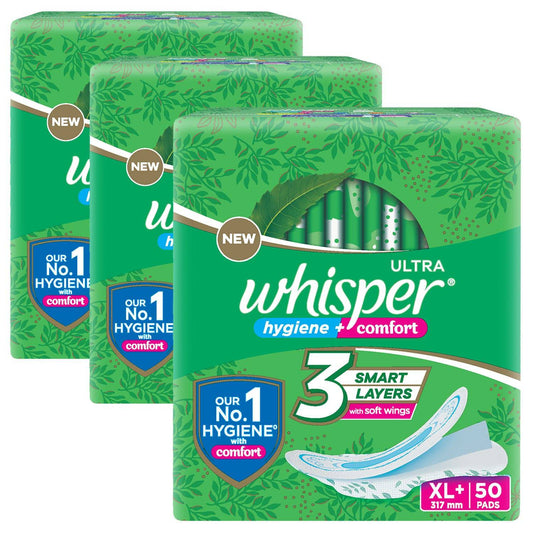 Whisper Ultra Clean Sanitary Pads for Women|150 thin Pads|XL+|Hygiene & Comfort|Soft Wings |Dry top sheet|Suitable for Heavy flow|Odour free|31.7 cm Long|With disposable wrap - ANJANI MEDICAL