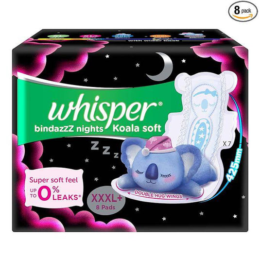 WHISPER BINDAZZZ NIGHTS KOALA SOFT SANITARY PADS, 8 XXXL+ PADS, UPTO 0% LEAKS, 85% LONGER & WIDER BACK, SUPER SOFT TOPSHEET, DOUBLE HUG WINGS, DISPOSABLE WRAPPER, for women - ANJANI MEDICAL